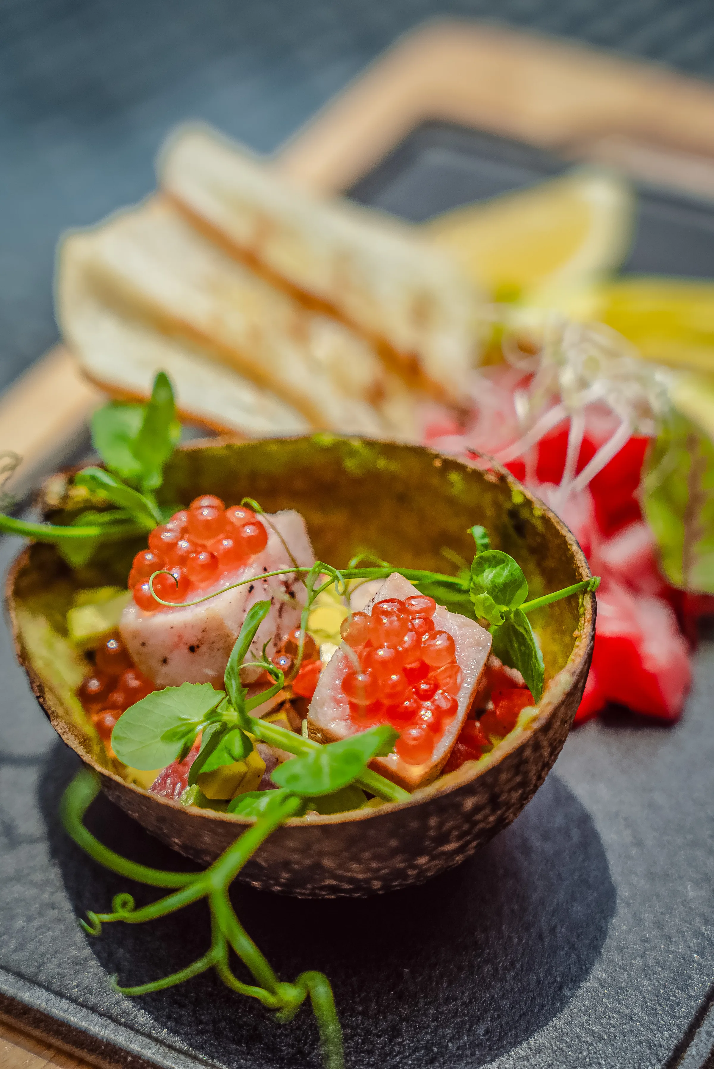 Fresh tuna tartare elegantly presented in avocado